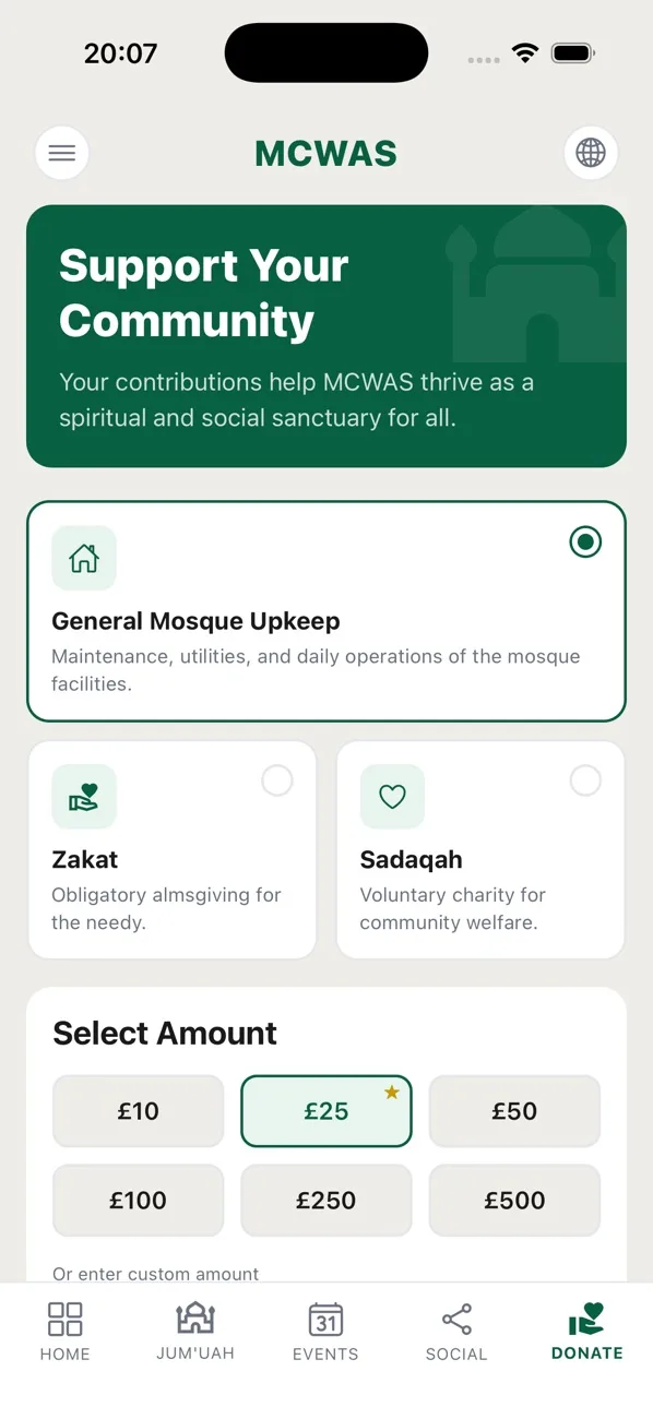 Donation screen with mosque upkeep, zakat and sadaqah options and preset amounts