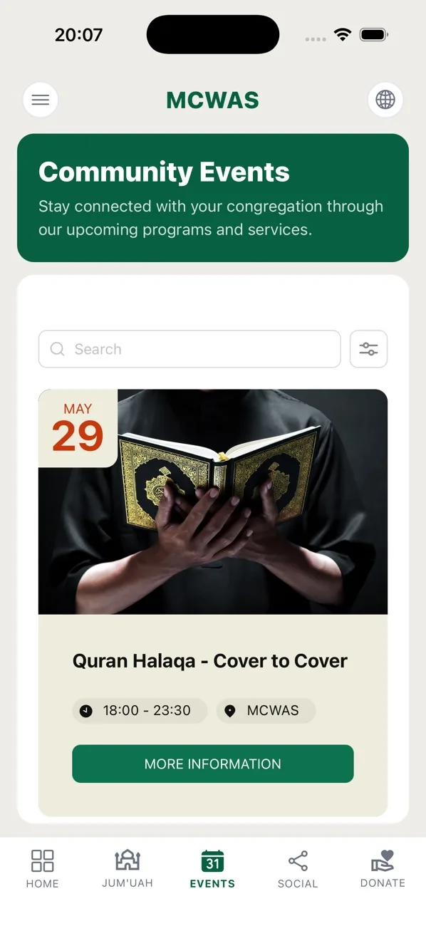 Community events screen listing a Quran Halaqa event