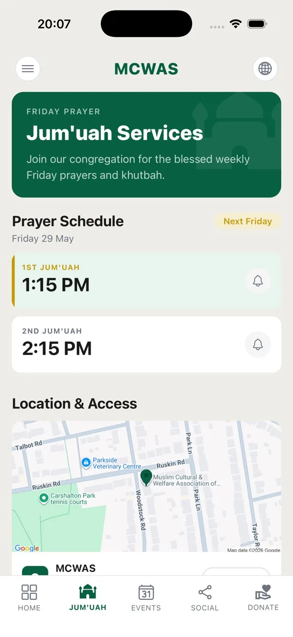 Jum'uah screen with Friday prayer times and a location map