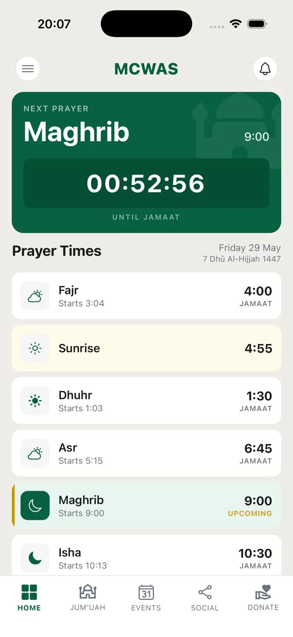 Home screen showing the next prayer countdown and today's prayer and jamaat times