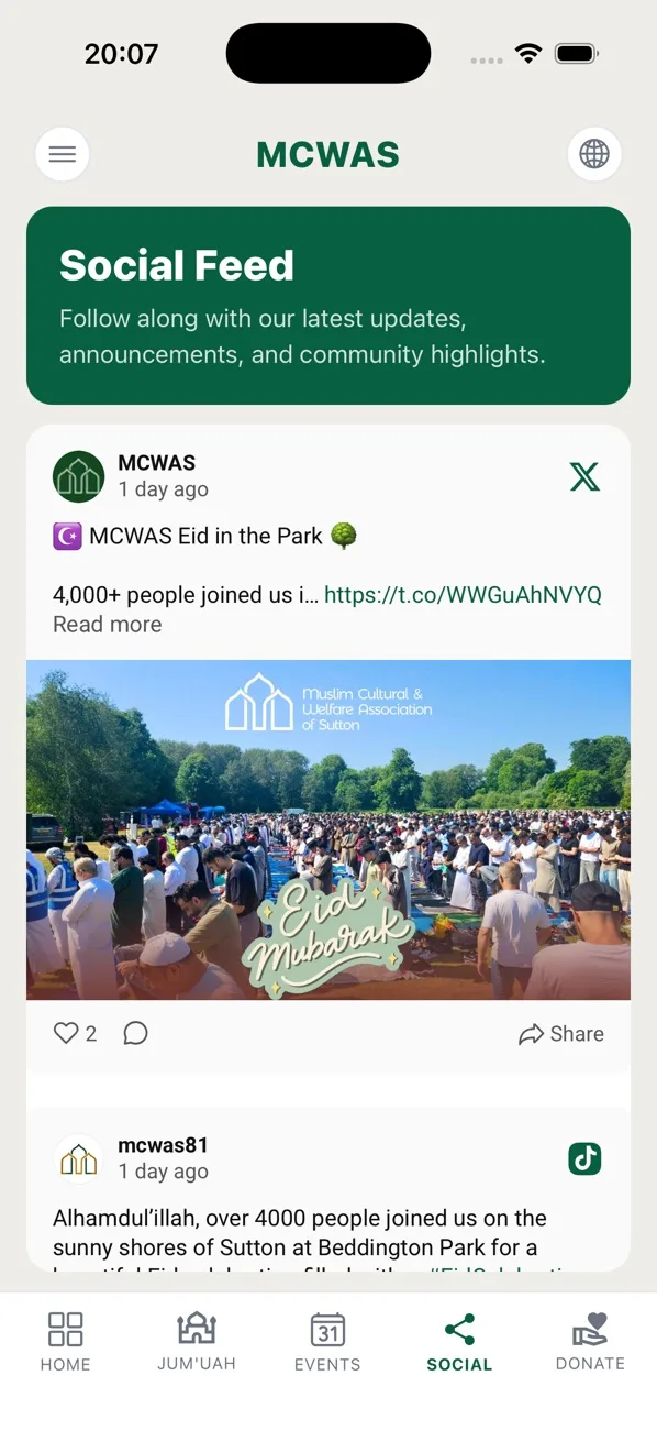 Social feed combining MCWAS posts from X and TikTok