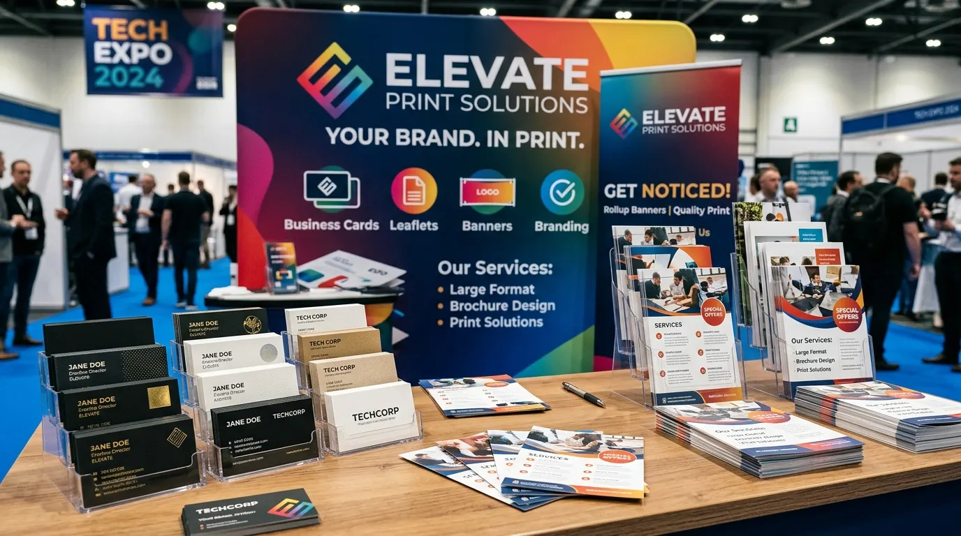A selection of printed brochures, cards and stationery