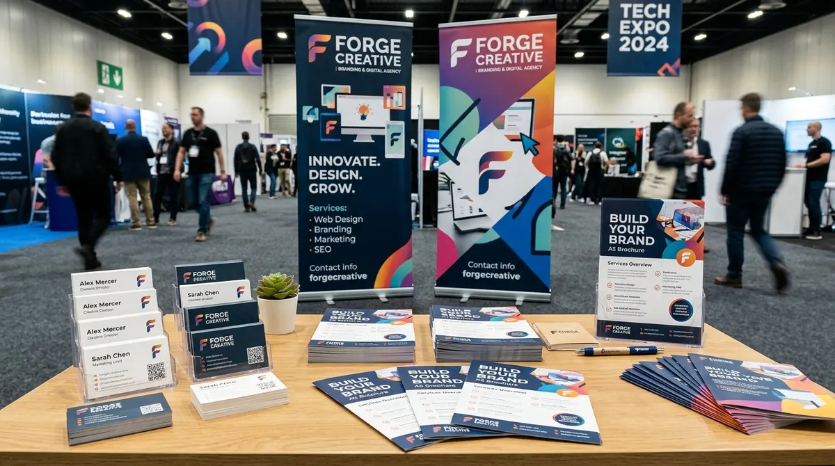 Printed pull-up banners and event materials at an exhibition stand