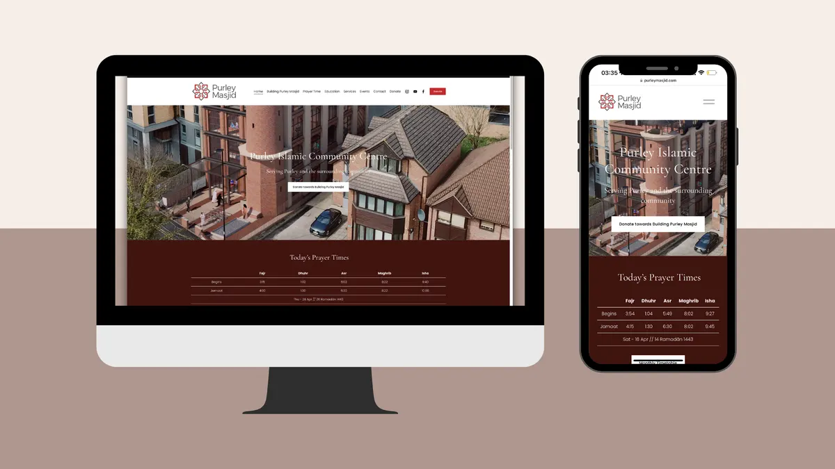 Purley Masjid website on desktop and mobile