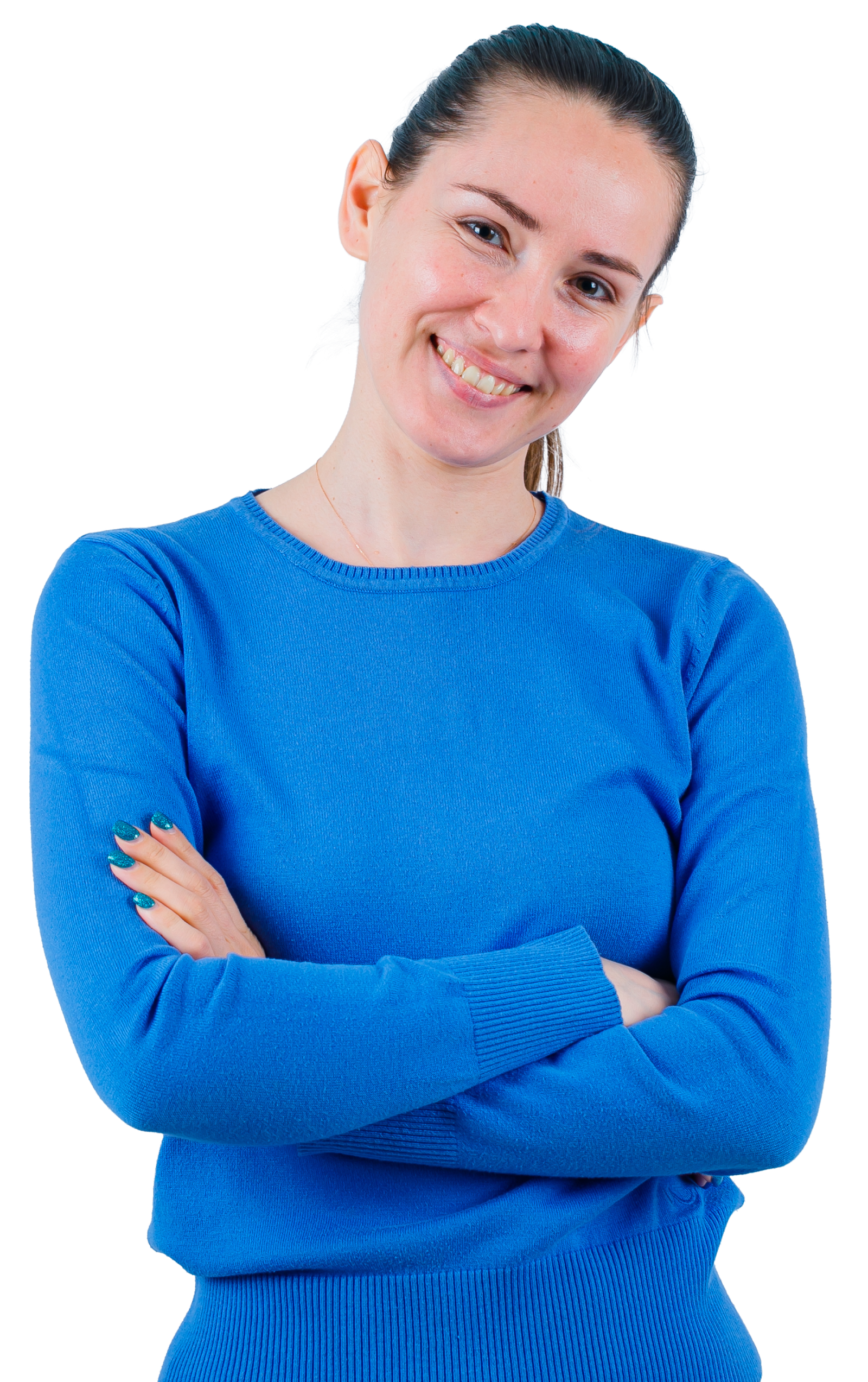 Home smiling young girl is looking camera by crossing arms white background (1)